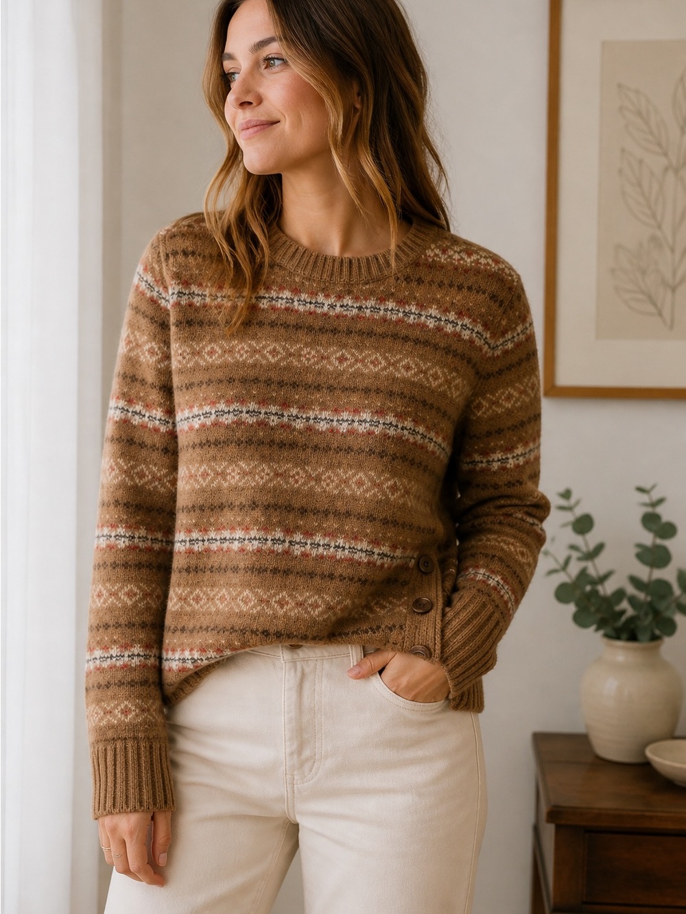 Tommy Hilfiger Tan Fair Isle Lambswool Blend Crew Sweater